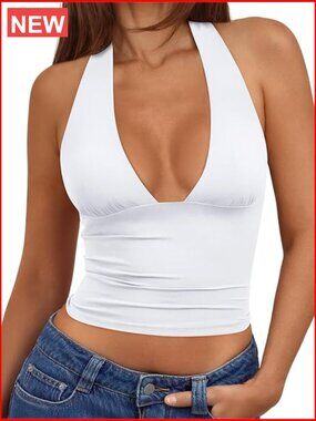 Double Lined Halter Top Open Back Deep V Neck Crop Top Going Out Party Clubbing
